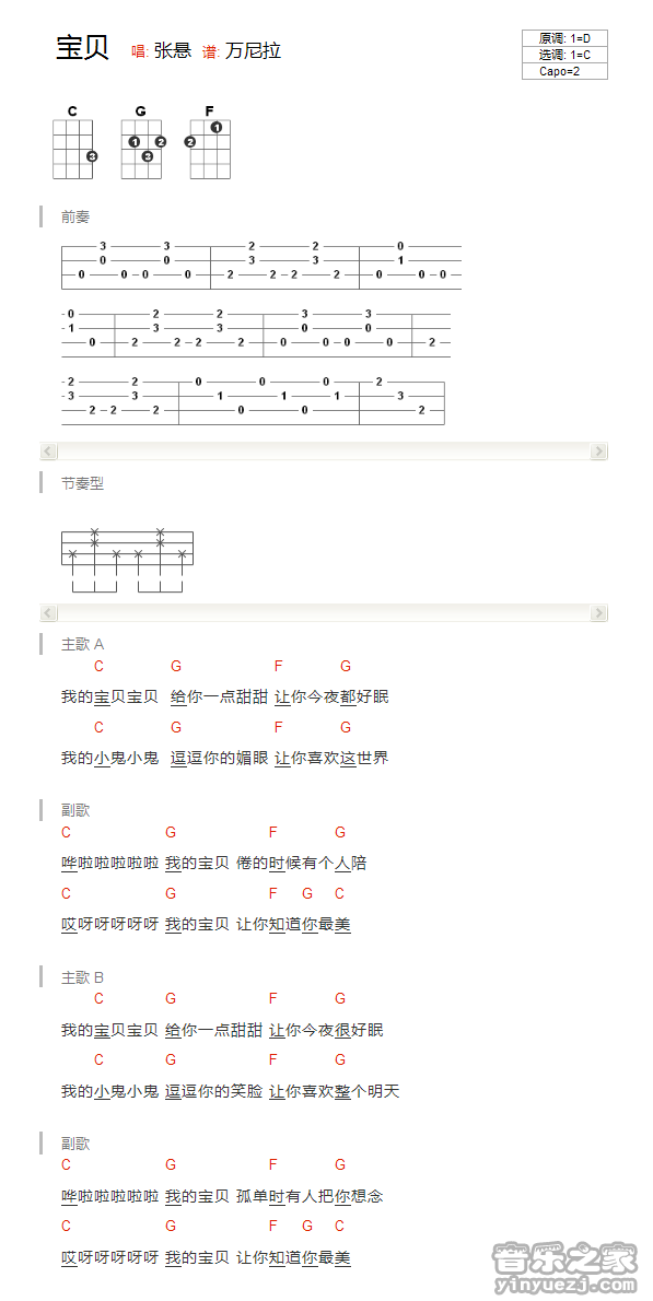 张悬《宝贝》尤克里里弹唱谱2