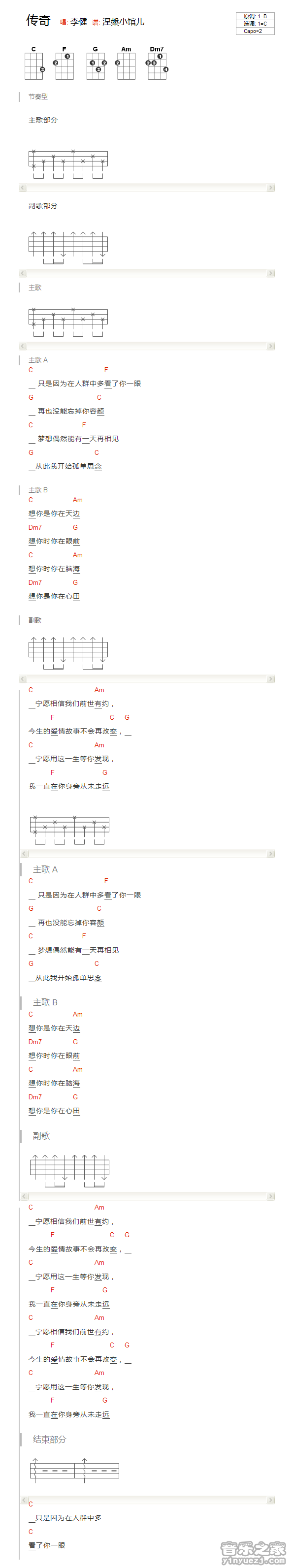 版本一 李健/王菲《传奇》尤克里里弹唱谱