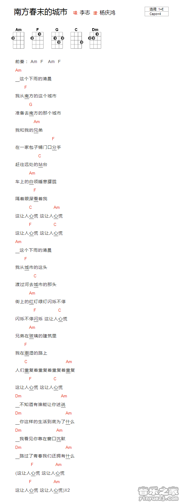 版本一 李志《春末的南方城市》尤克里里弹唱谱