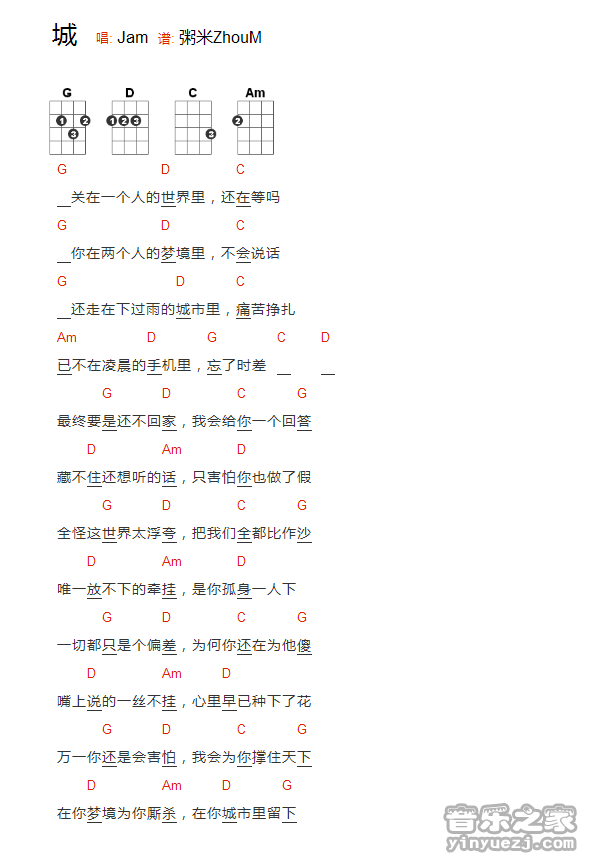 版本一 Jam《城》尤克里里弹唱谱