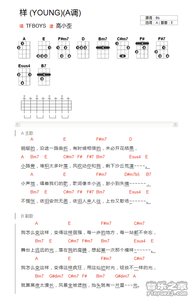 A调版 TFBOYS《样YOUNG》尤克里里弹唱谱