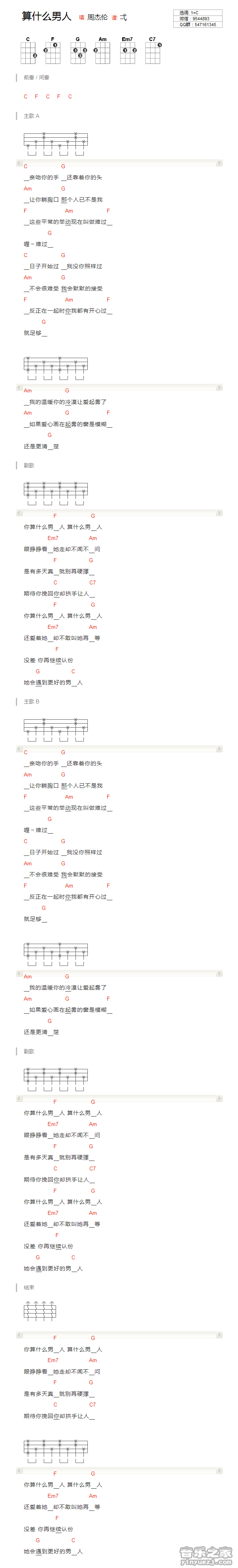 版本一 周杰伦《你算什么男人》尤克里里弹唱谱