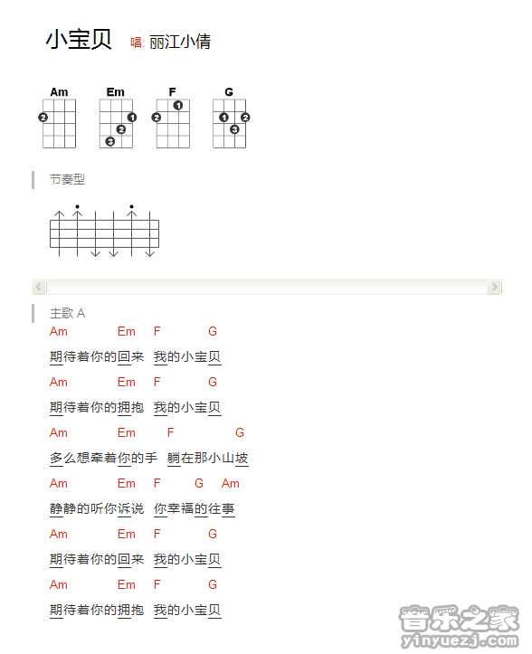 版本一 丽江小倩《小宝贝》尤克里里弹唱谱