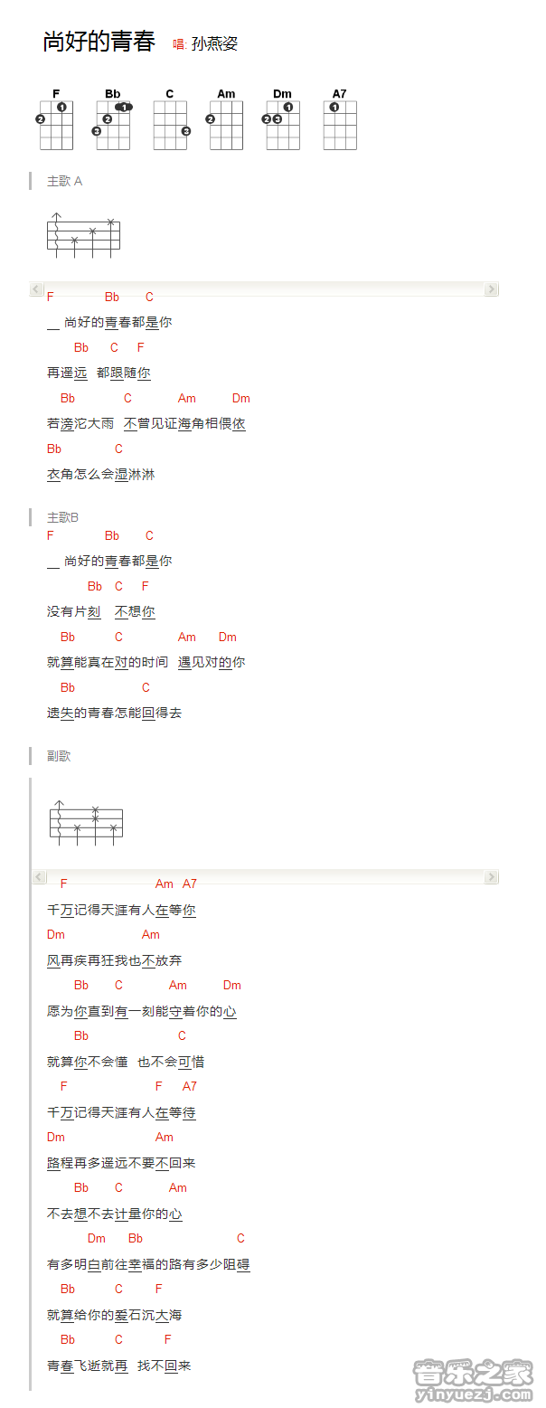版本一 孙燕姿《尚好的青春》尤克里里弹唱谱2