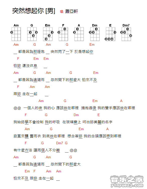 版本一 萧亚轩《突然想起你》尤克里里弹唱谱