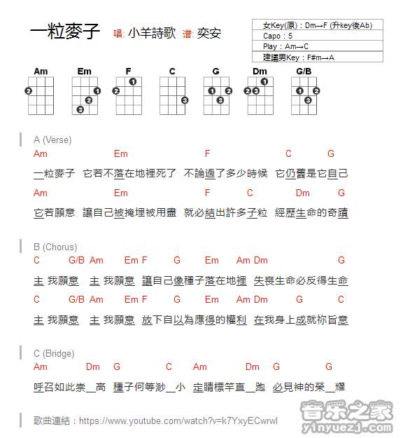 版本一 小羊诗歌《一粒麦子》尤克里里弹唱谱