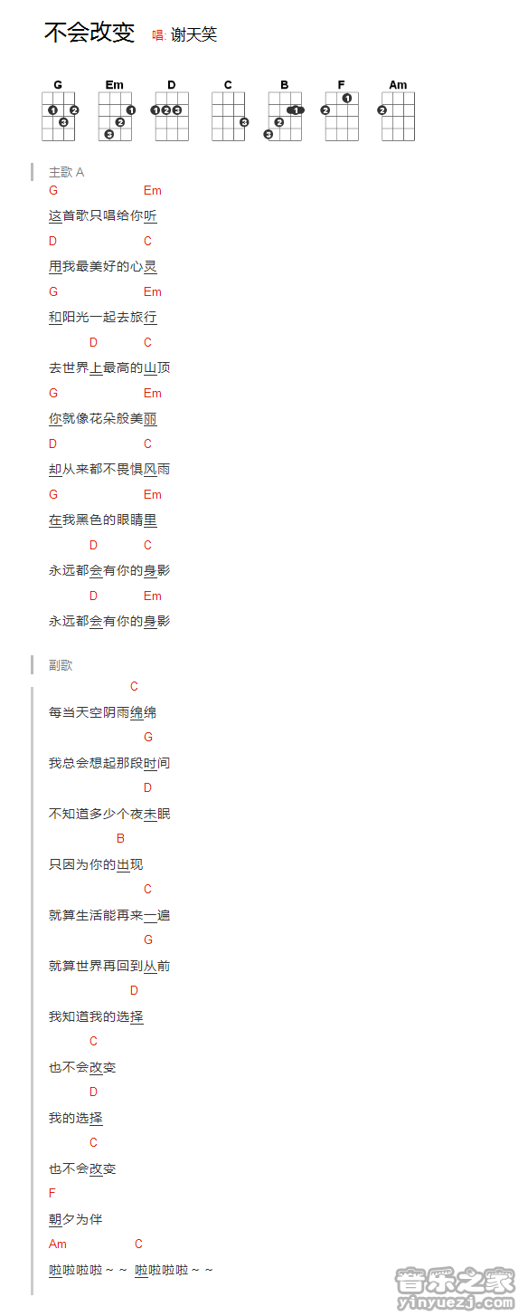 谢天笑《不会改变》尤克里里谱