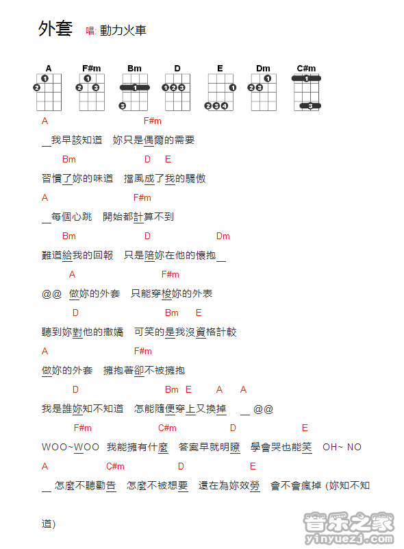 版本一 动力火车《外套》尤克里里弹唱谱