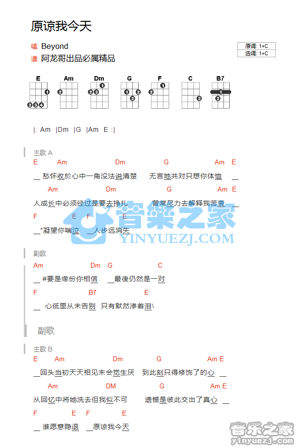 版本一 Beyond《原谅我今天》尤克里里弹唱谱