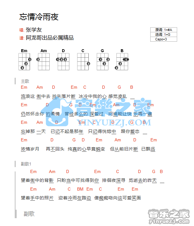 版本一 张学友《忘情冷雨夜》尤克里里弹唱谱