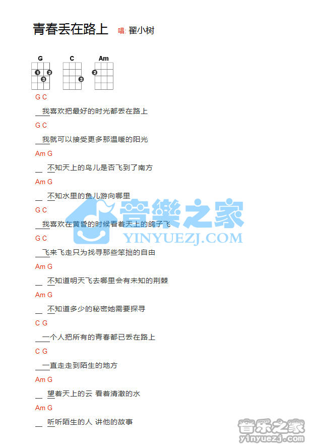 翟小树《青春丢在路上》尤克里里弹唱谱