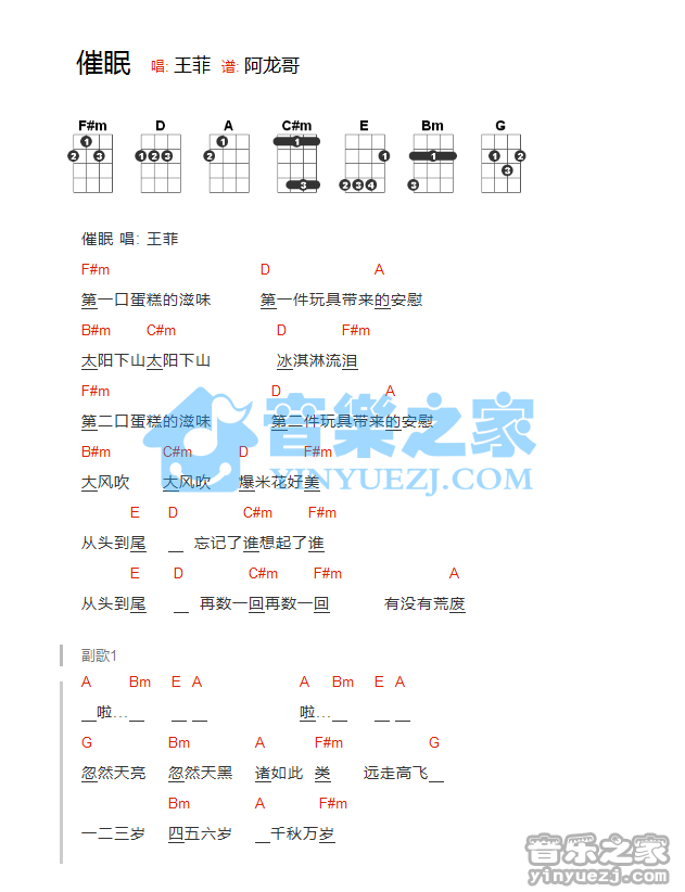 版本一 王菲《催眠》尤克里里谱弹唱谱