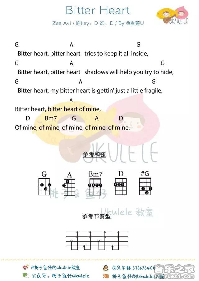 2桃子鱼仔版 季小薇《bitter heart》尤克里里弹唱谱