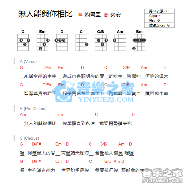 约书亚《无人能与你相比》尤克里里弹唱谱