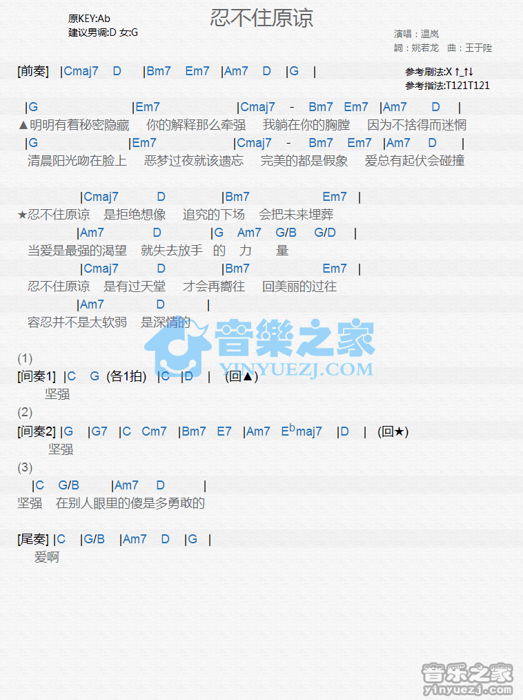 温岚《忍不住原谅》尤克里里弹唱谱