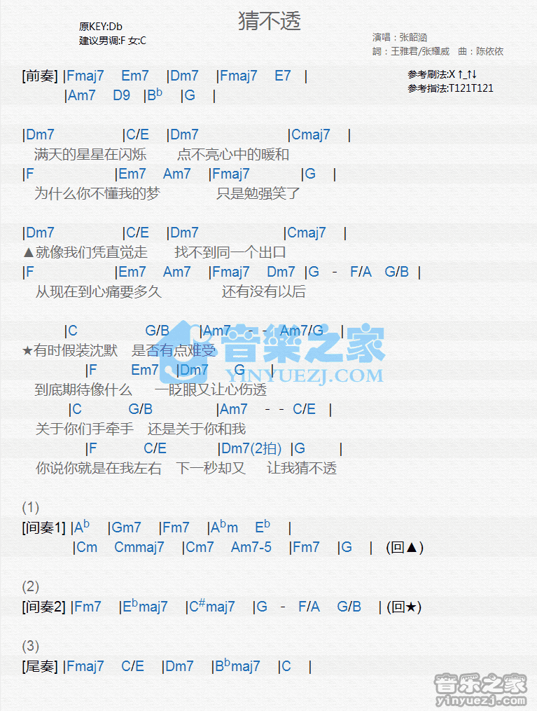 张韶涵《猜不透》尤克里里弹唱谱