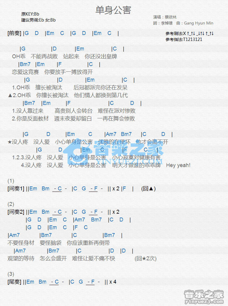 蔡依林《单身公害》尤克里里弹唱谱