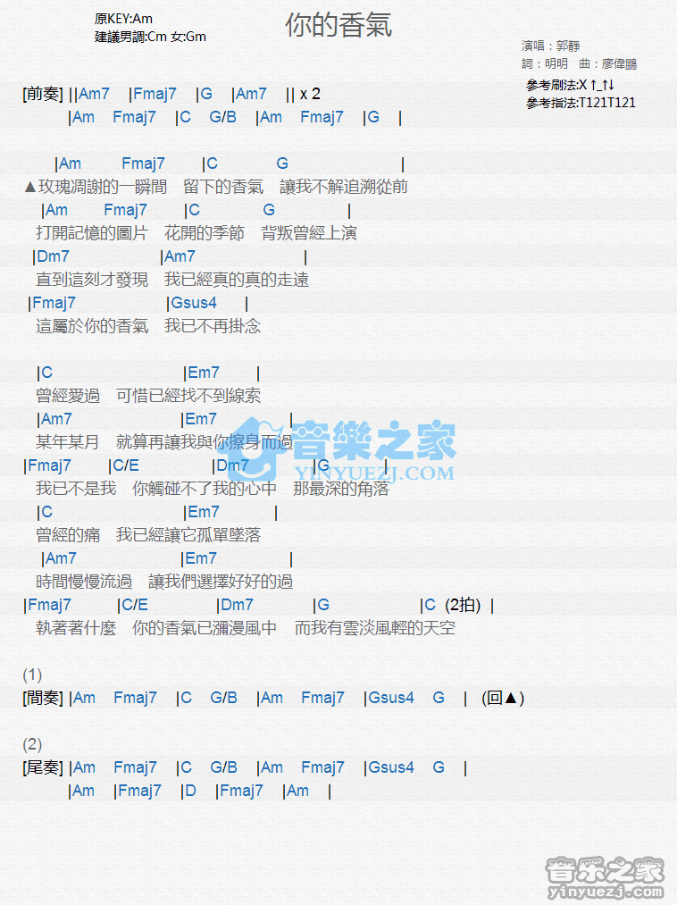 郭静《你的香气》尤克里里弹唱谱