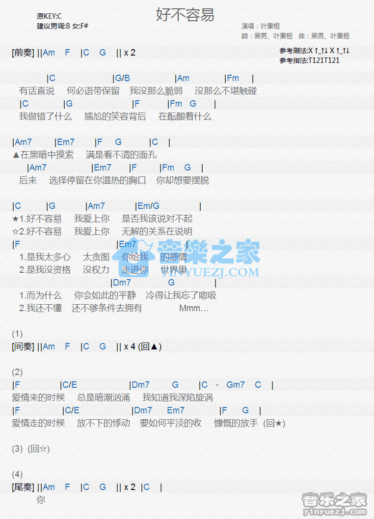 叶秉桓《好不容易》尤克里里弹唱谱