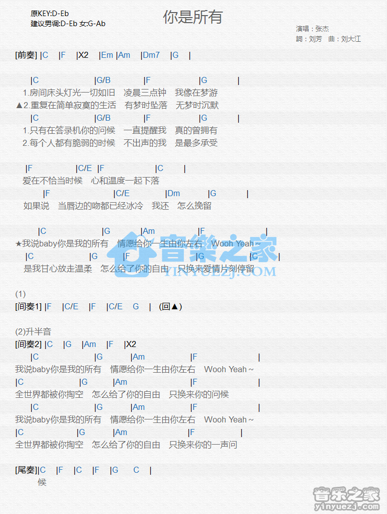 张杰《你是所有》尤克里里谱