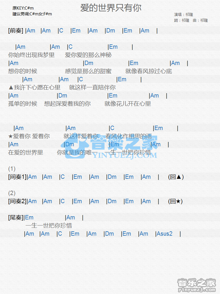 祁隆《爱的世界只有你》尤克里里谱