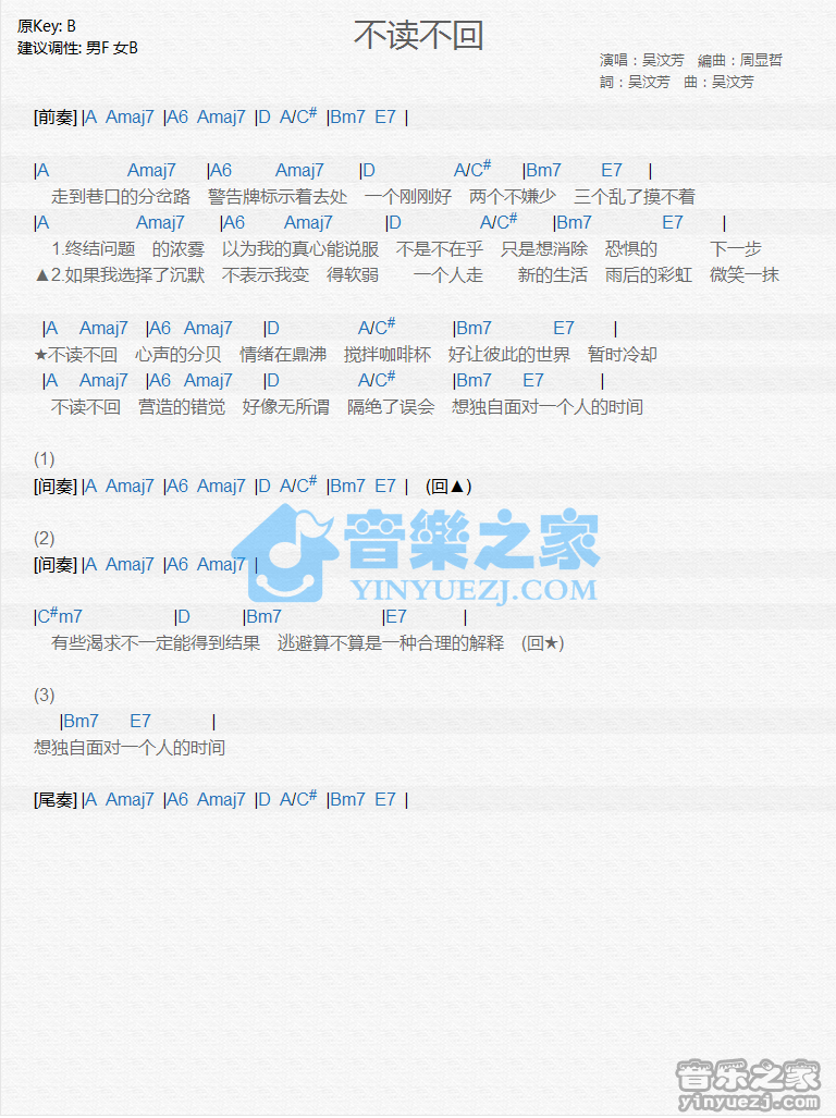 吴汶芳《不读不回》尤克里里谱