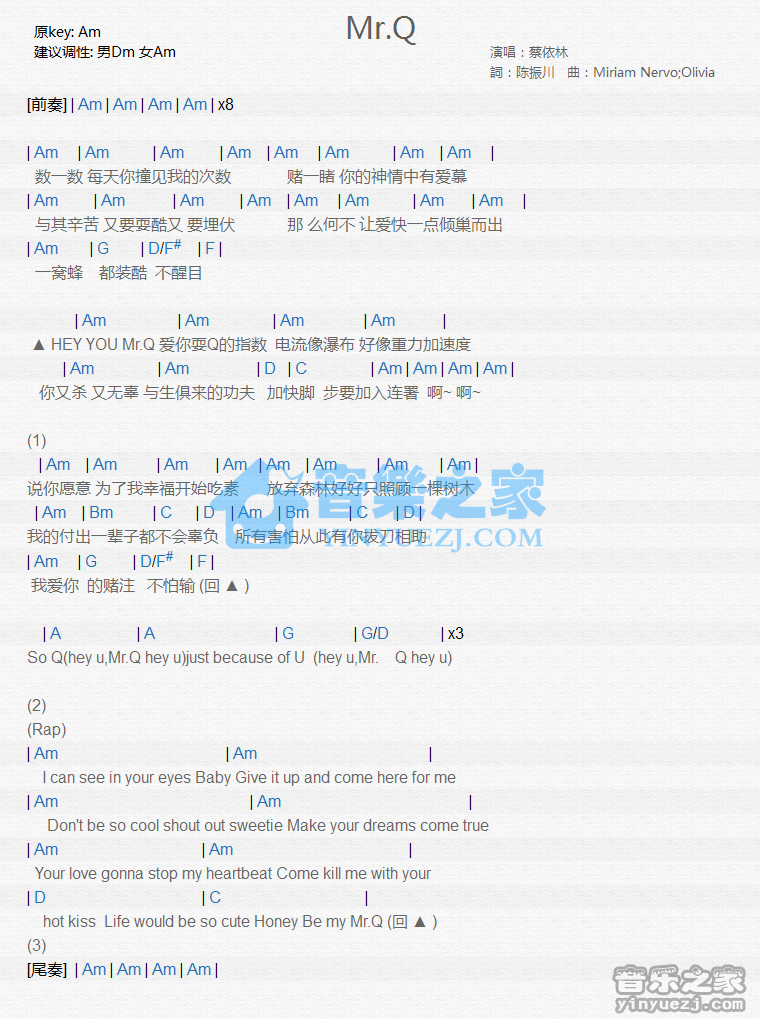 蔡依林《Mr.Q》尤克里里谱