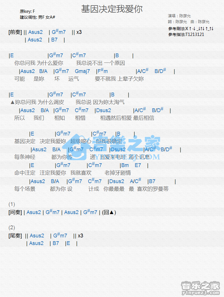 陈彦允《基因决定我爱你》尤克里里谱