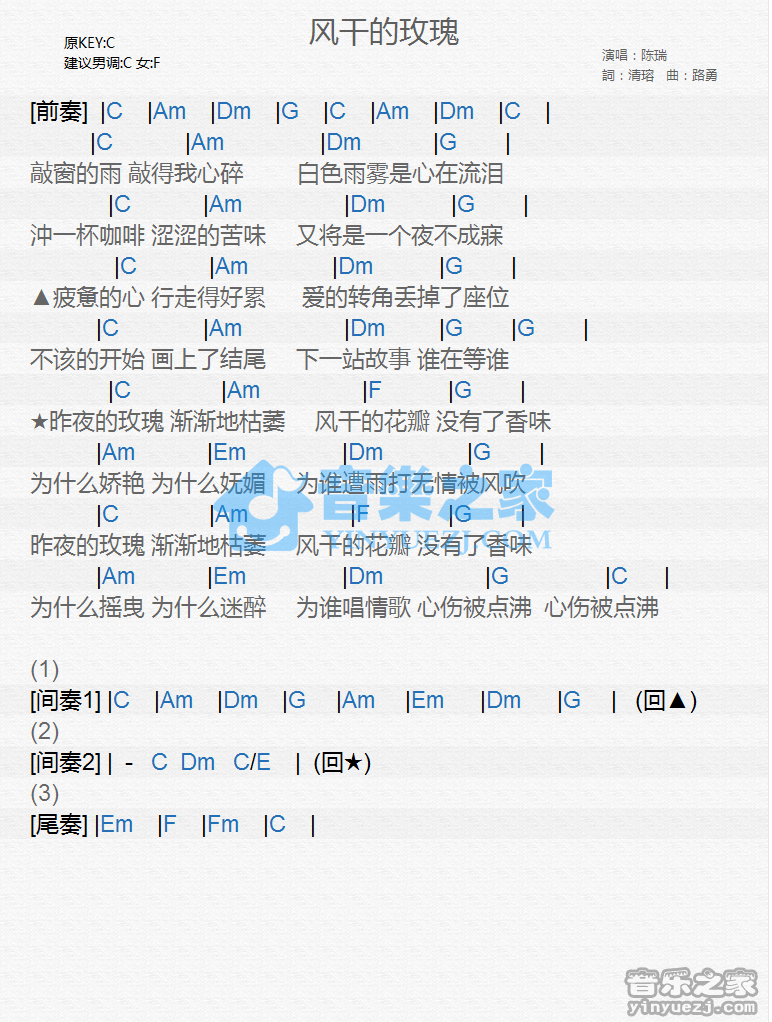陈瑞《风干的玫瑰》尤克里里谱