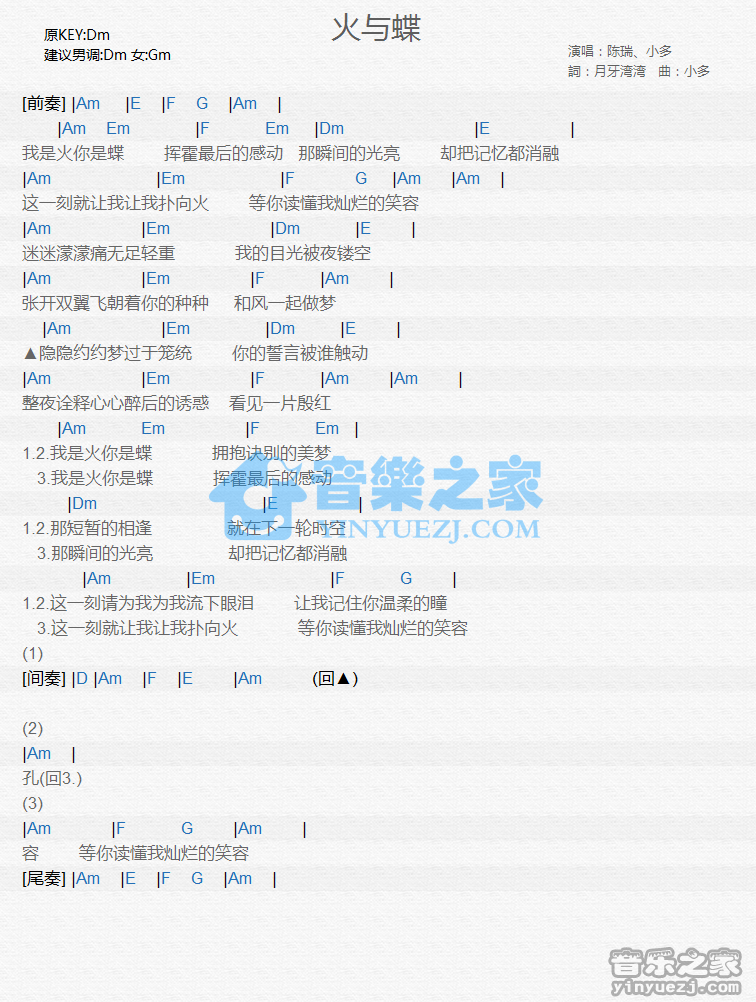陈瑞/小多《火与蝶》尤克里里谱