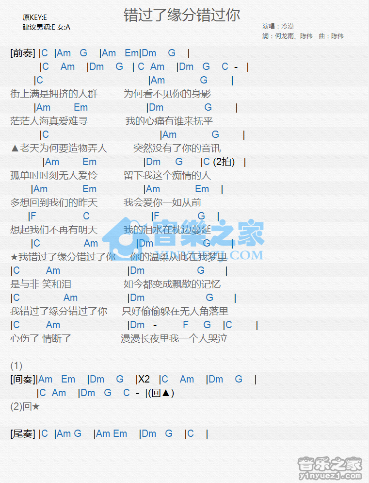 冷漠《错过了缘分错过你》尤克里里谱