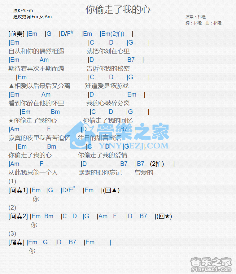 祁隆《你偷走了我的心》尤克里里谱