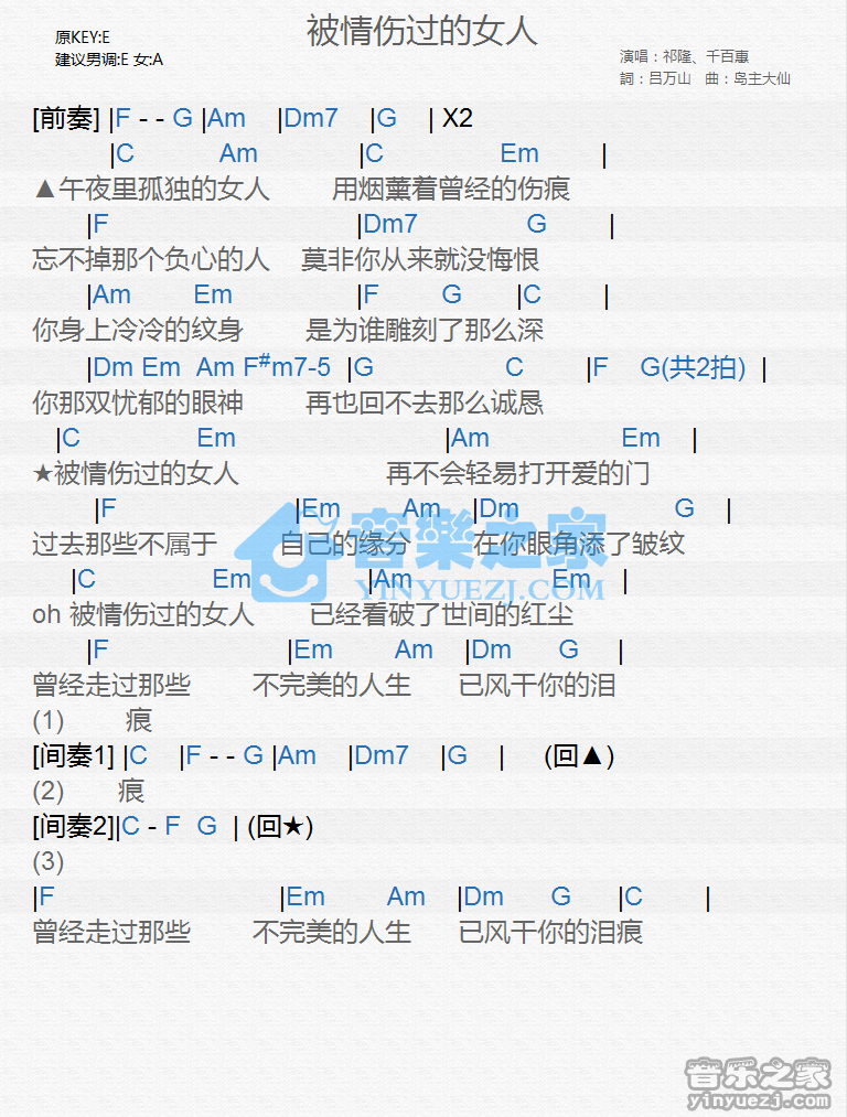 祁隆/千百惠《被情伤过的女人》尤克里里谱