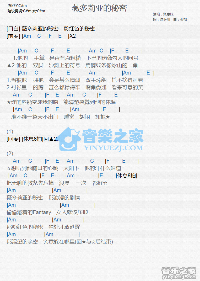 张惠妹《薇多莉亚的秘密》尤克里里谱