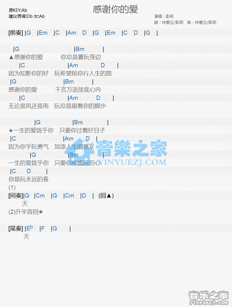 彭莉《感谢你的爱》尤克里里谱