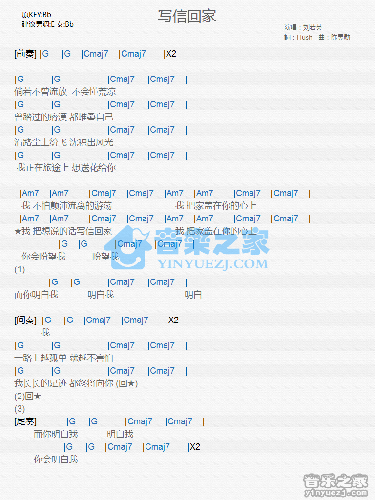 刘若英《写信回家》尤克里里谱