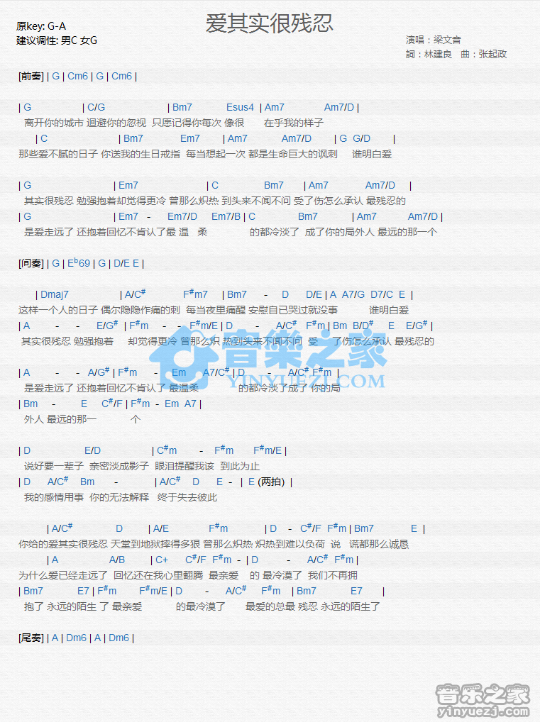 梁文音《爱其实很残忍》尤克里里谱