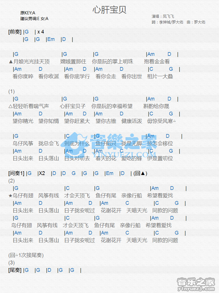 凤飞飞《心肝宝贝》尤克里里谱