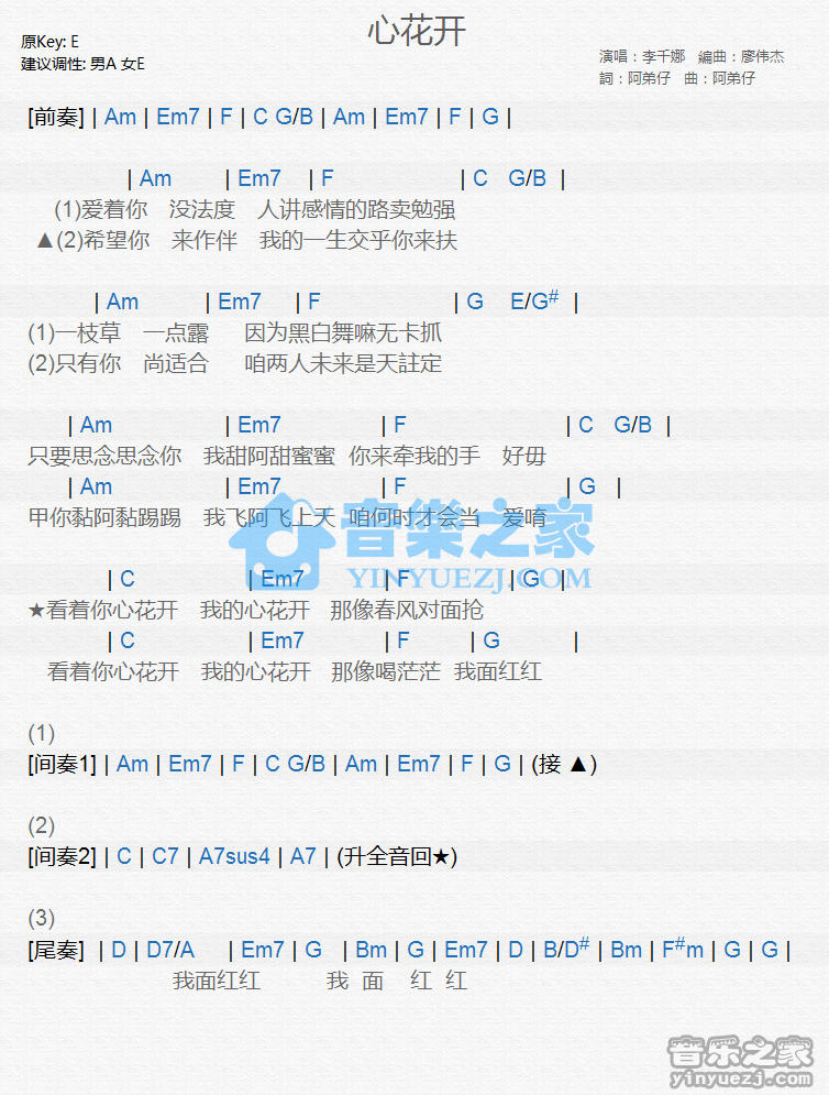 李千娜《心花开》尤克里里谱