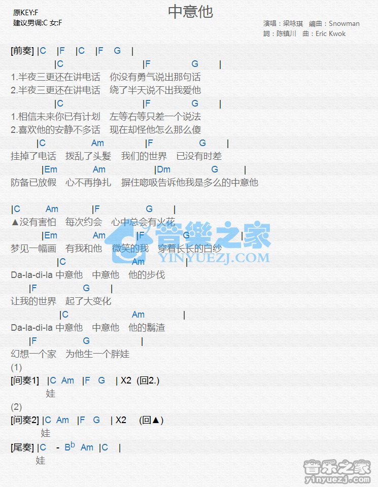 梁咏琪《中意他》尤克里里谱
