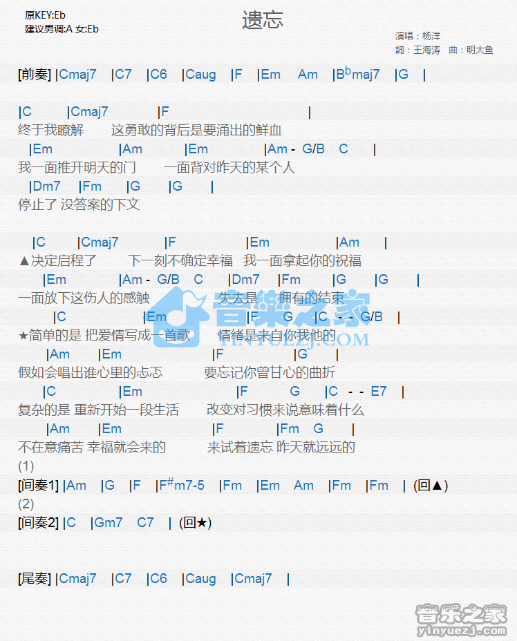 杨洋《遗忘》尤克里里谱