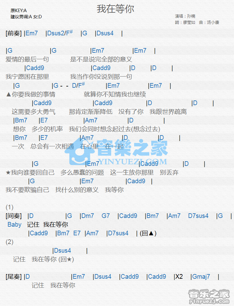 孙楠《我在等你》尤克里里谱