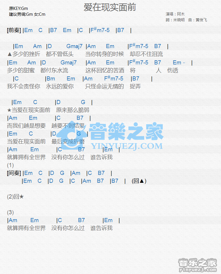 阿木《爱在现实面前》尤克里里谱