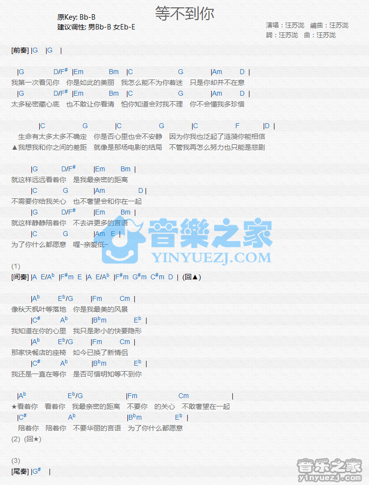 1汪苏泷《等不到你》尤克里里谱
