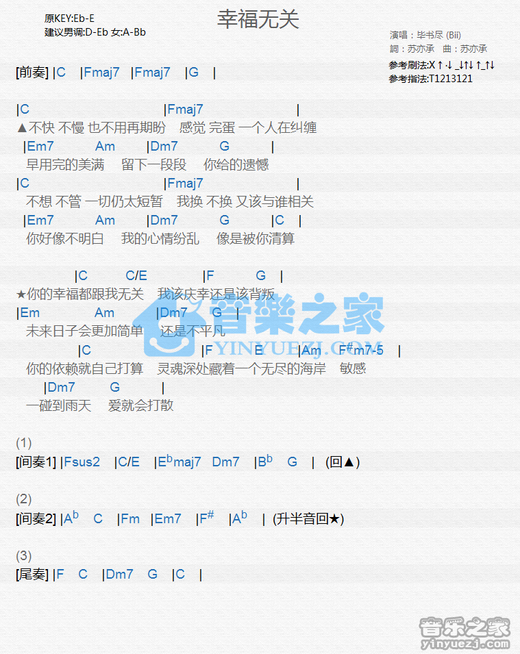 毕书尽《幸福无关》尤克里里谱