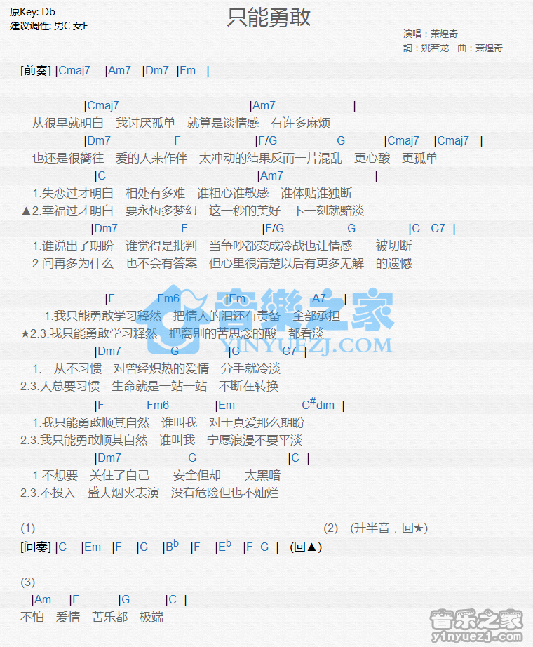 萧煌奇《只能勇敢》尤克里里谱