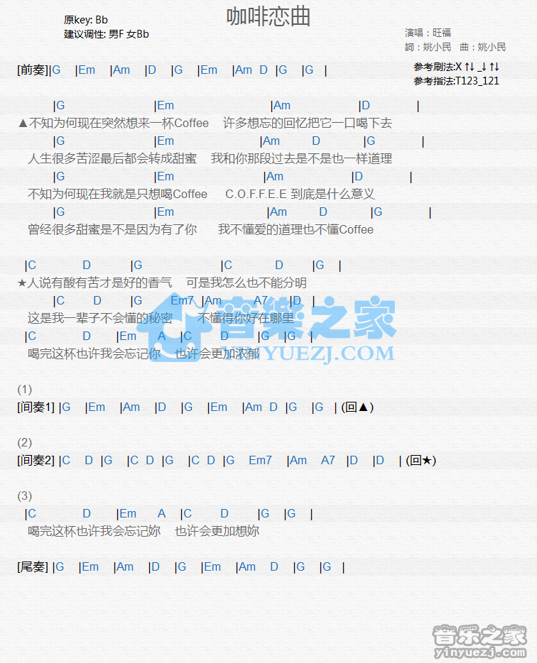 旺福《咖啡恋曲》尤克里里谱