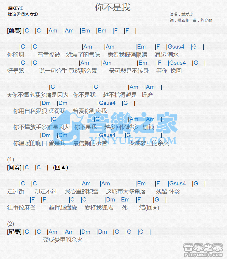 戴爱玲《你不是我》尤克里里谱