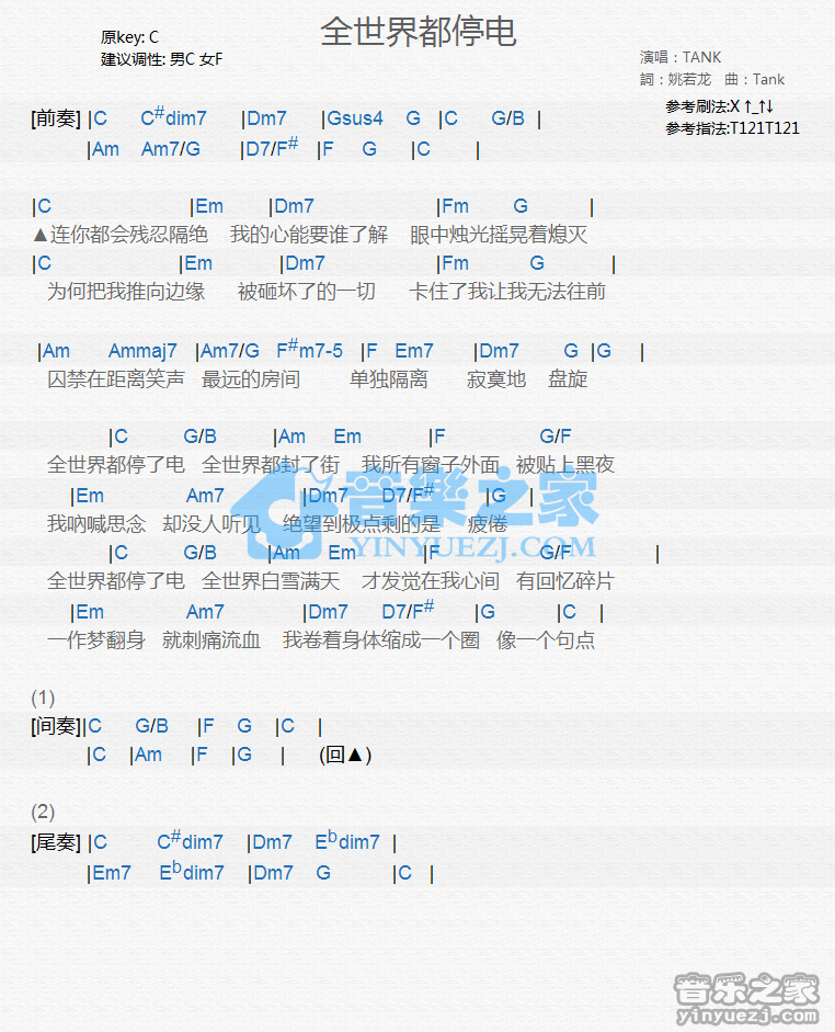 TANK《全世界都停电》尤克里里谱
