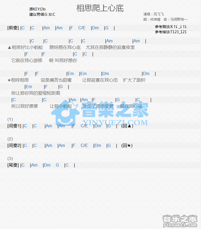 凤飞飞《相思爬上心底》尤克里里谱
